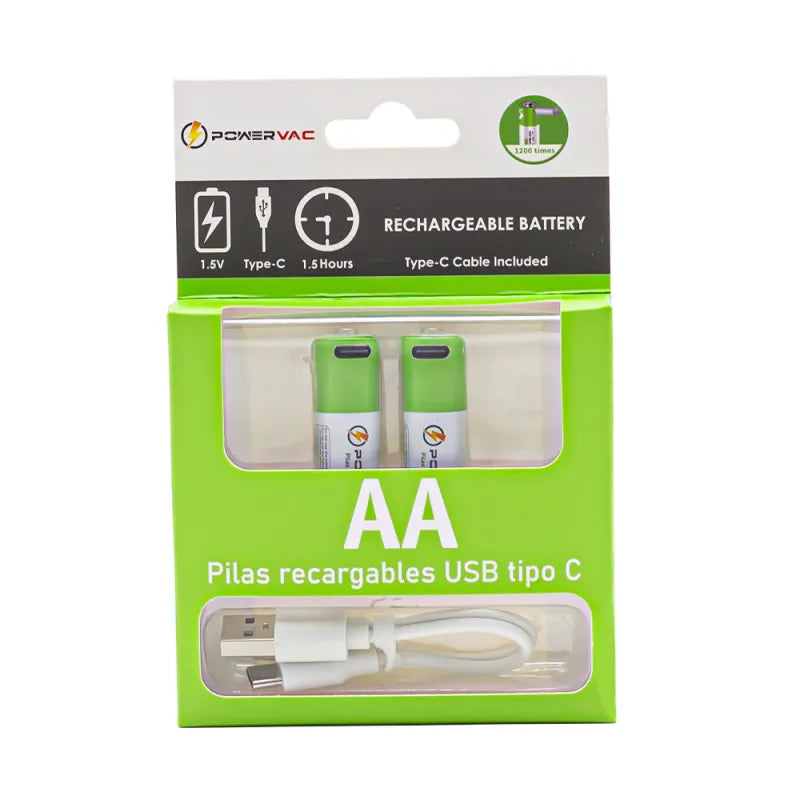 2 Pilhas AA USB PowerVAC 1.5v 2600mwh Aa Recarregável Usb-c + cabo