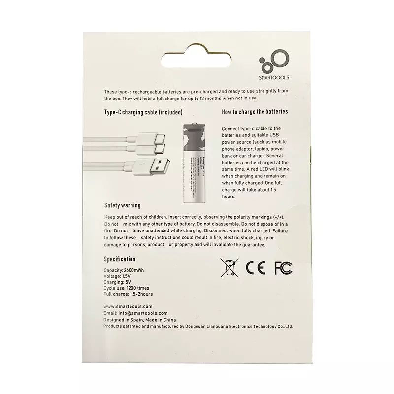 2 Pilhas AA USB PowerVAC 1.5v 2600mwh Aa Recarregável Usb-c + cabo