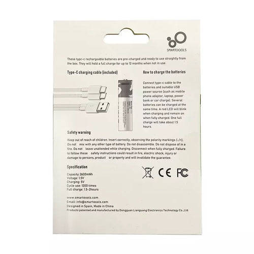 2 Pilhas AA USB PowerVAC 1.5v 2600mwh Aa Recarregável Usb-c + cabo